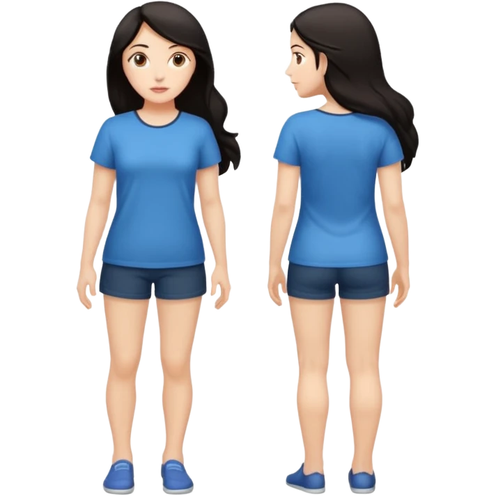 white woman dark hari full body front and back and profile views. Make it transparent background. emoji