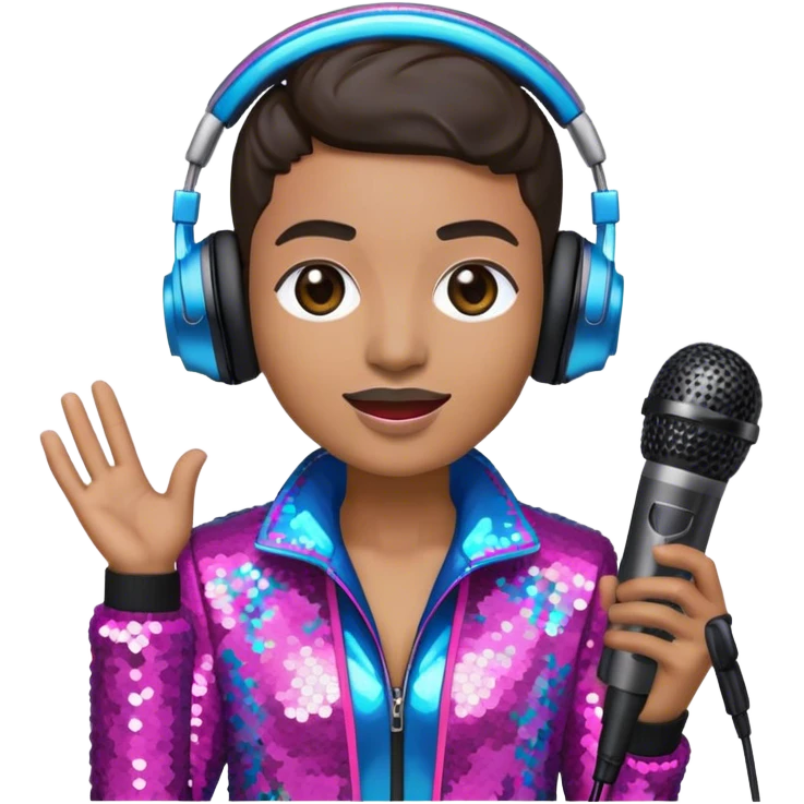Create a vibrant and modern emoji that represents pop or stage vocal performance, focusing on the equipment and style. The design should feature a high-quality microphone, a stage monitor, and a sound mixing console, symbolizing the professional setup for pop vocals. Add elements like studio headphones, a soundboard with sliders, and an elegant stage costume (e.g., a sequined jacket or flashy stage attire) to reflect the glamour of stage performance. Use energetic colors like neon pink, electric blue, and silver to convey the high-energy nature of pop singing. The background should be transparent emoji