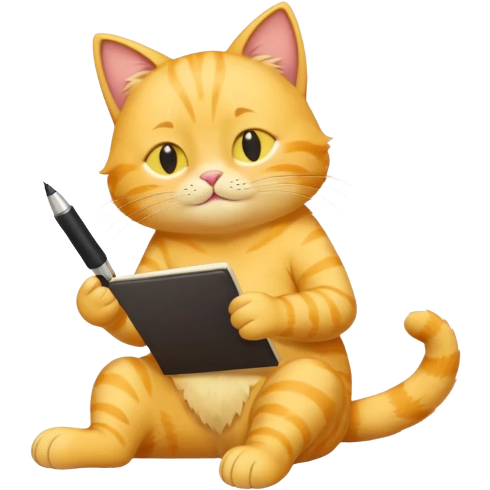 cute yellow lazy cat with full body with note and pen and no clothes emoji