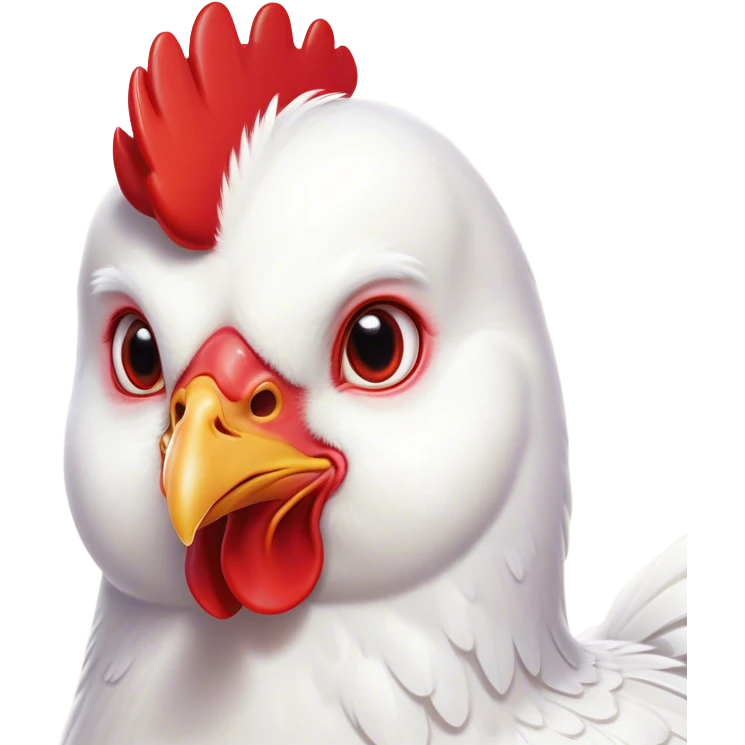 Cinematic Cute White Chicken Portrait Emoji, Head tilted playfully and inquisitively, featuring smooth, immaculate white feathers and a delicate red comb, round, sparkling beady eyes filled with curiosity, Simplified yet irresistibly adorable features, highly detailed, glowing with a warm, friendly glow, high shine, affectionate and lively, stylized with a touch of farmyard whimsy, bright and endearing, soft glowing outline, capturing the essence of a mischievous yet loving chicken, so playful it feels like it could peck out of the screen and into your arms! emoji