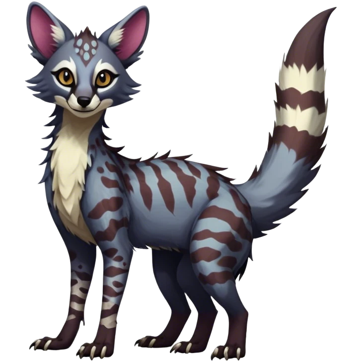 Feral Rare Fantasy dark vibrant Vernid-Sergal-Genet-Trico-species by LiLaiRa, random markings, tufted tail, tufted ears, full body emoji
