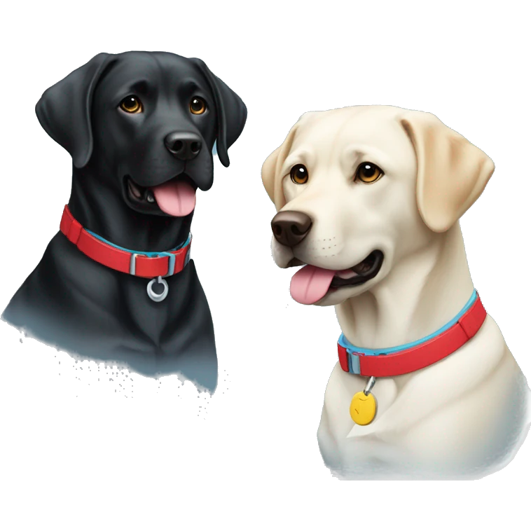 black-coloured labrador on the left with red collar, black-coloured labrador on the right with light blue collar. emoji