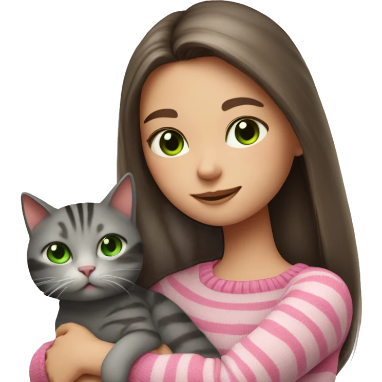 Brunette girl with long hair and green eyes in a pink sweater hugs a gray striped cat. The cat has brown eyes emoji