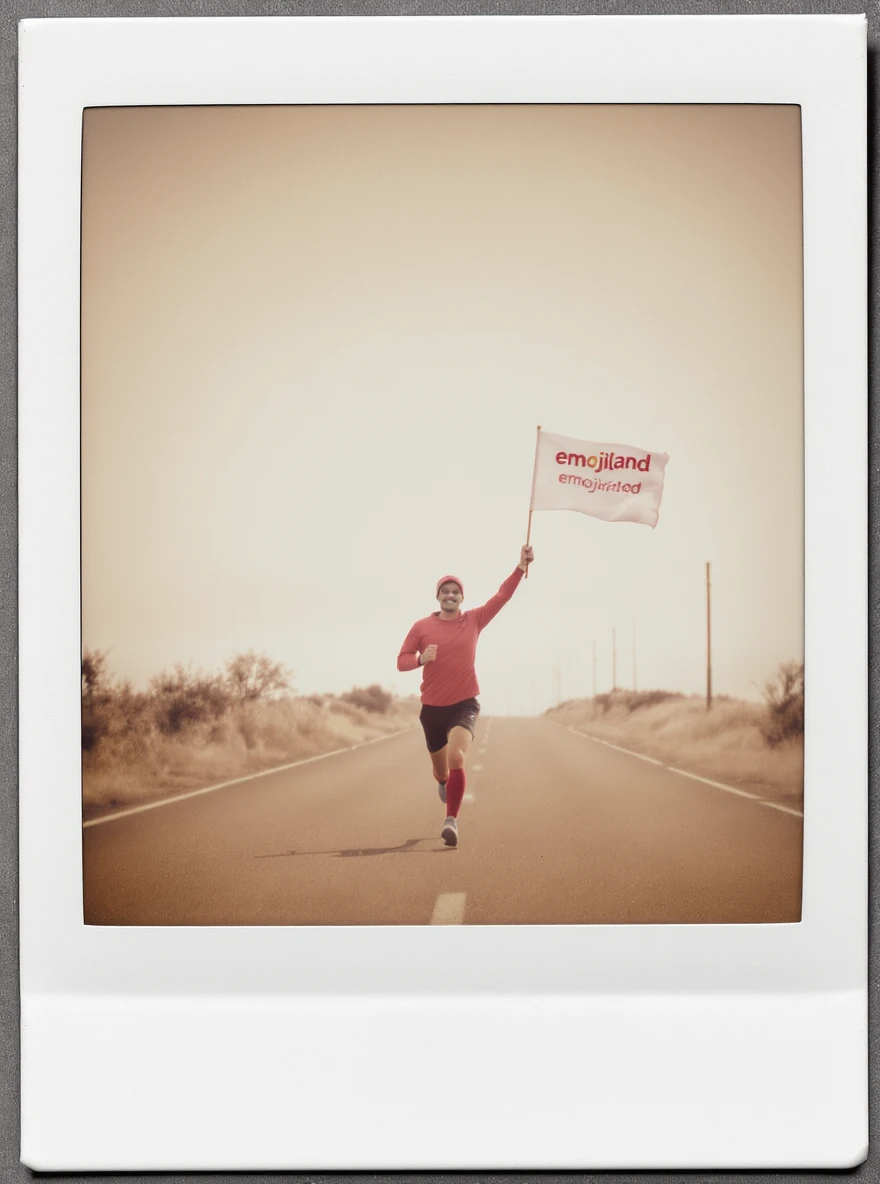 happy runner waving a flag that says 'emojiland' emoji