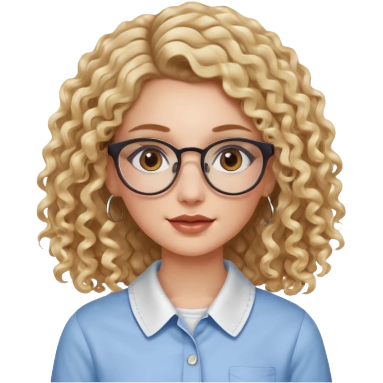 cute white girl with not volominous VERY LONG blonde curly hair with balayage, brown eyes, full lips, natural clean girl makeup and hoop earrings and square glasses, collared shirt emoji