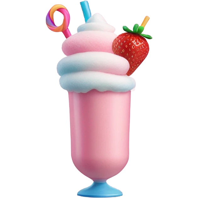 a strawberry milkshake topped with a candy covered marshmallow, gummy candy ribbon, and cotton candy emoji