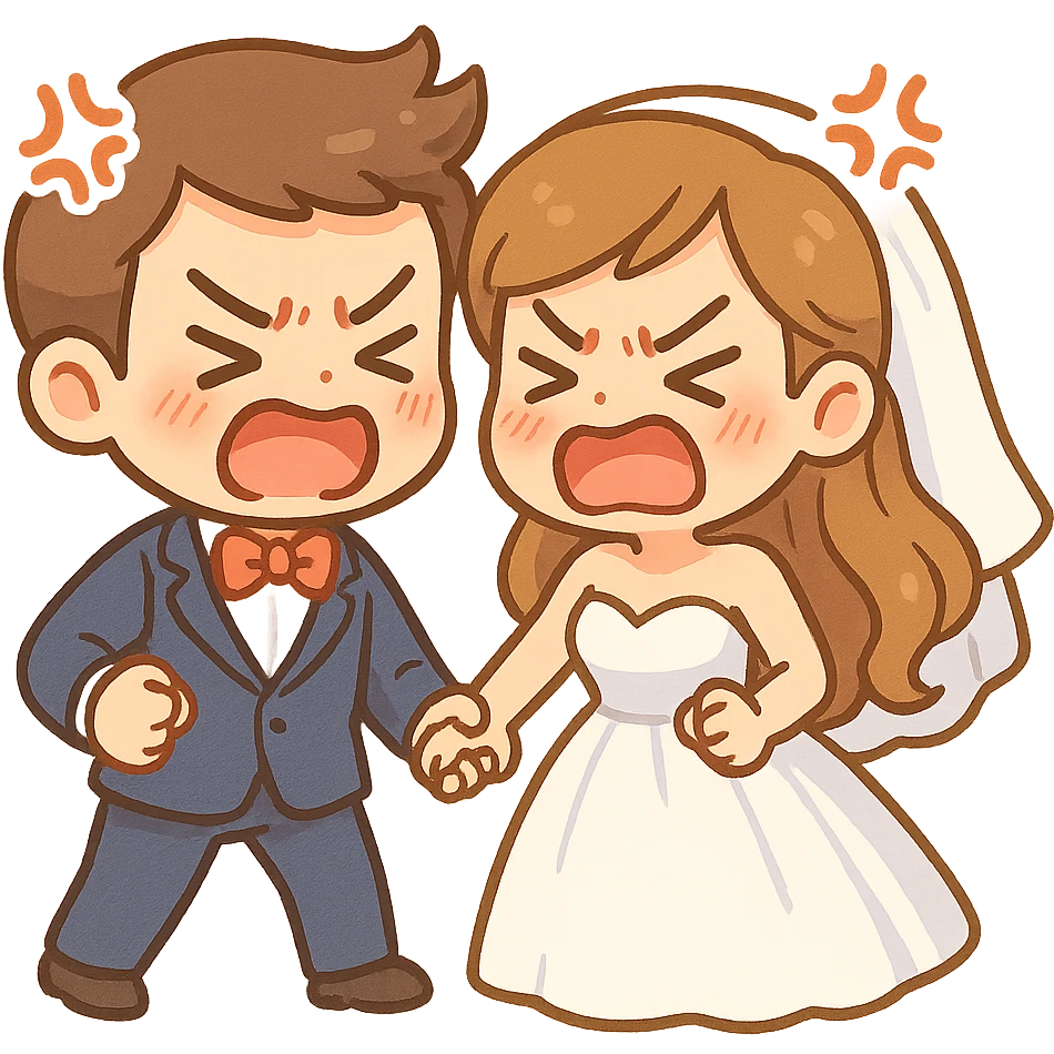 cartoon bride and groom playfully arguing, both with exaggerated angry faces but holding hands, humorous and lighthearted, vibrant style for wedding stickers emoji