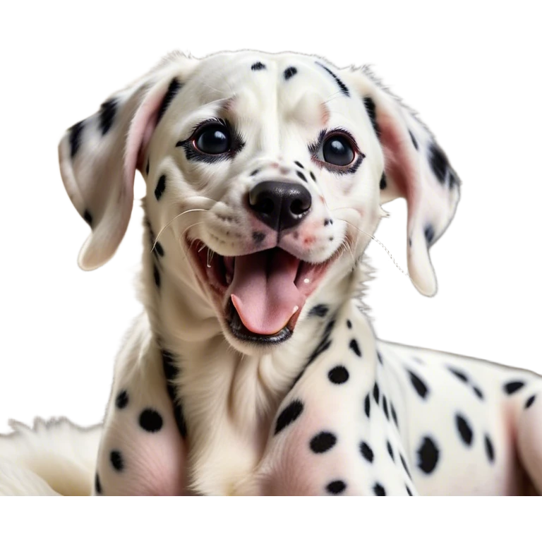 Cinematic Cute Yawning Spotted Dalmatian Portrait Emoji, Head tilted slightly with a dramatic, wide-open yawn, showcasing a smooth Fur of predominantly white with bold black patches, floppy ears slightly drooping, round eyes barely open in drowsy contentment, Simplified yet irresistibly adorable features, highly detailed, glowing with a soft, cozy glow, high shine, relaxed yet expressive, stylized with a touch of whimsy, bright and endearing, soft glowing outline, capturing the essence of a sleepy yet affectionate guardian, so drowsy it feels like it could stretch out of the screen and curl up for a nap! emoji
