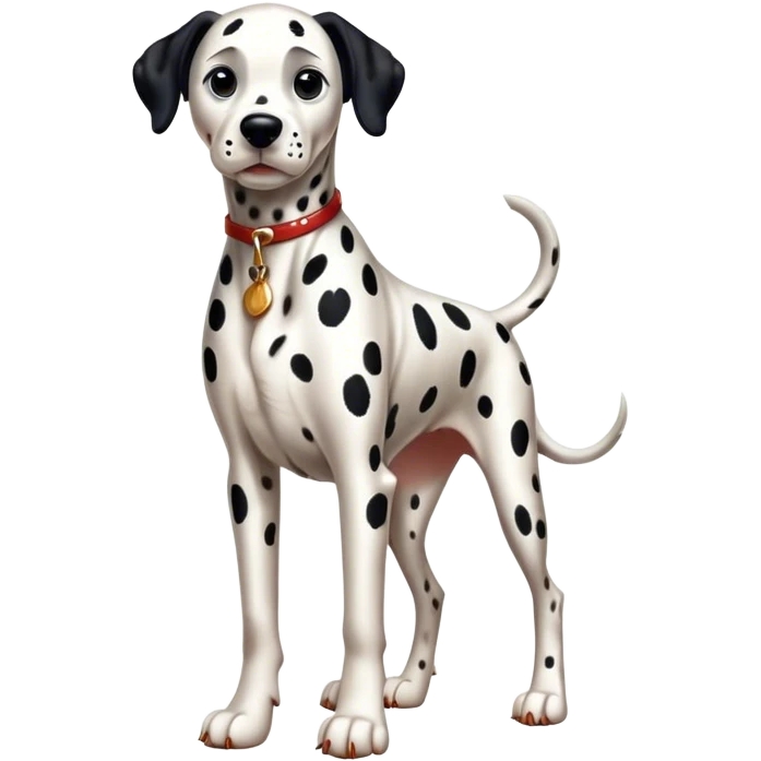 Cinematic Realistic full-body portrait of a Dalmatian dog, rendered with glossy, meticulously detailed spotted fur and expressive, alert eyes, set against a clean, neutral backdrop that highlights its regal and athletic stance. emoji
