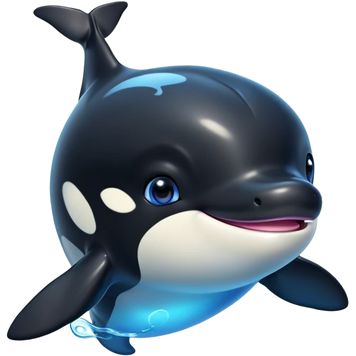 Cinematic Cute orca Portrait Emoji, Head tilted playfully and inquisitively, featuring a smoothly rounded body with bright, sparkling eyes and an adorable, friendly smile, Simplified yet irresistibly adorable features, highly detailed, glowing with a warm, ocean-blue glow, high shine, affectionate and lively, stylized with a touch of whimsical aquatic charm, soft glowing outline, capturing the essence of a mischievous yet endearing orca that seems as if it could leap right into your heart! emoji