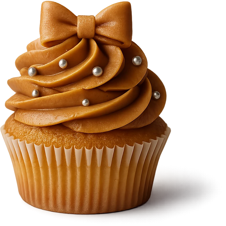 Change the icing to caramel, keep the realistic cupcake and accessories, photorealistic style, transparent background. emoji