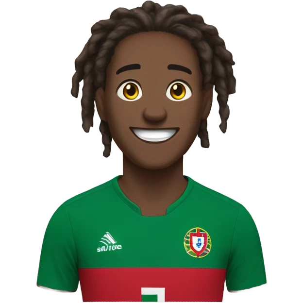  Young black man- 4 inch short black nappy messy dread locks-  low eyebrows - low eyes - no facial hair laughing Portugal jersey lean crazy smile  emoji