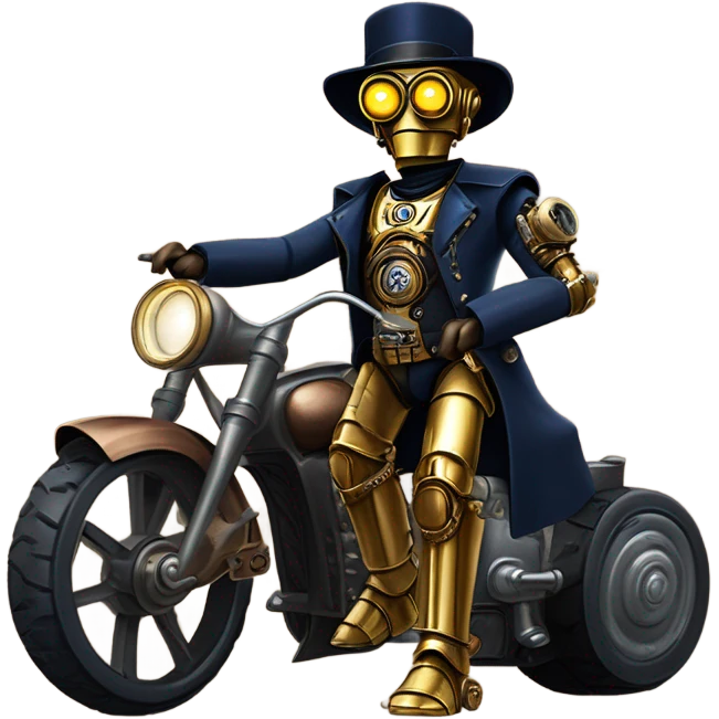 Old west Bounty hunter C-3PO wearing a pair of navy-blue rimmed steampunk goggles, hat, leather chaps, fringe jacket riding a relaxed 3 wheeler trike steampunk motorcycle in desert town  emoji