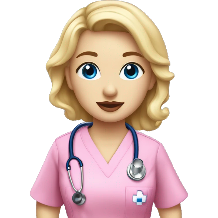 Blonde girl blue eyes nurse in royal blue scrubs with curtain bags wearing a Stethoscope and pink lips  emoji