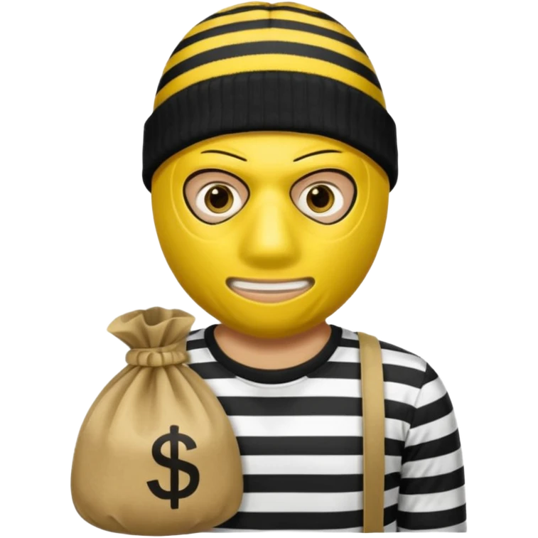 yellow robber wears black eye mask, black beanies and black and white stibes shirt with one brown money bag beside him emoji