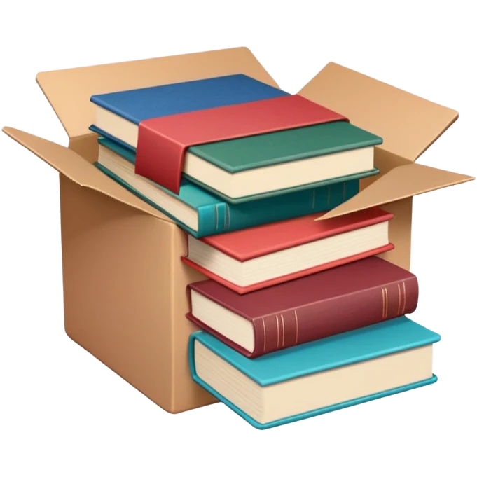 
An open brown cardboard box with softly rounded edges, filled with a small stack of colorful hardcover books (muted red, blue, and green). emoji