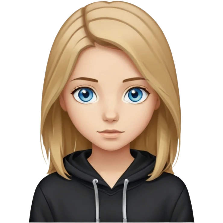 girl with blue eyes, shoulder-length brown hair with blonde highlights, wearing a black hoodie emoji