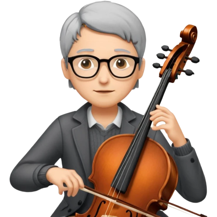 an emoji of my mum playing the cello, she has short black-ish gray hair, wears glasses, she is small emoji