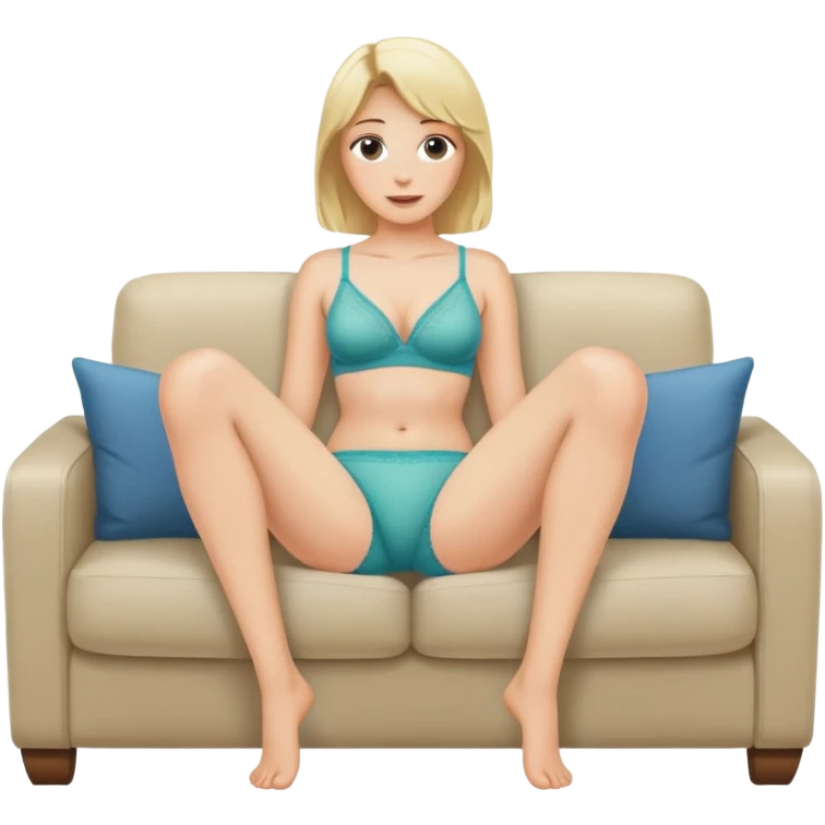 fullbody realistic busty blonde topless buxom in undies sitting on couch in comfy
missionary legs up pose holding leg with hands sfw emoji