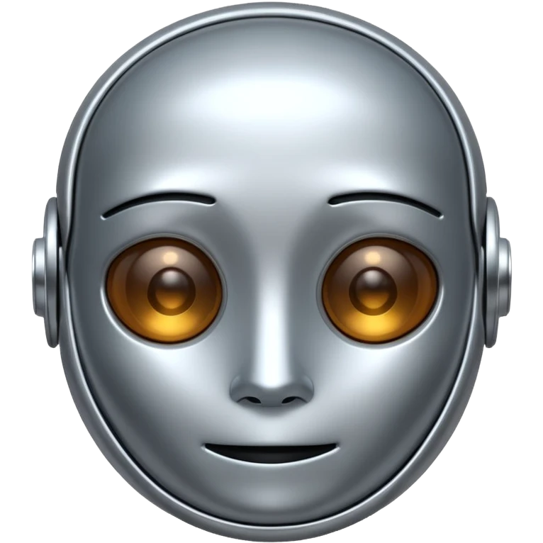 A cute futuristic robot emoji made of silver chrome, rounded friendly body, minimal facial features, glossy metallic surface, soft reflections, iOS emoji style, centered, clean white background emoji