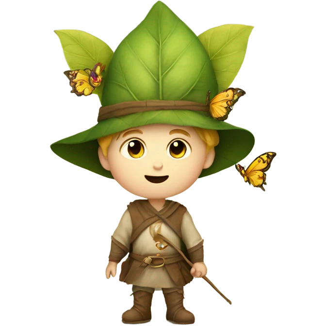Medieval little whimsical little boy who is pale and he has a leaf hat and is riding a butterfly emoji