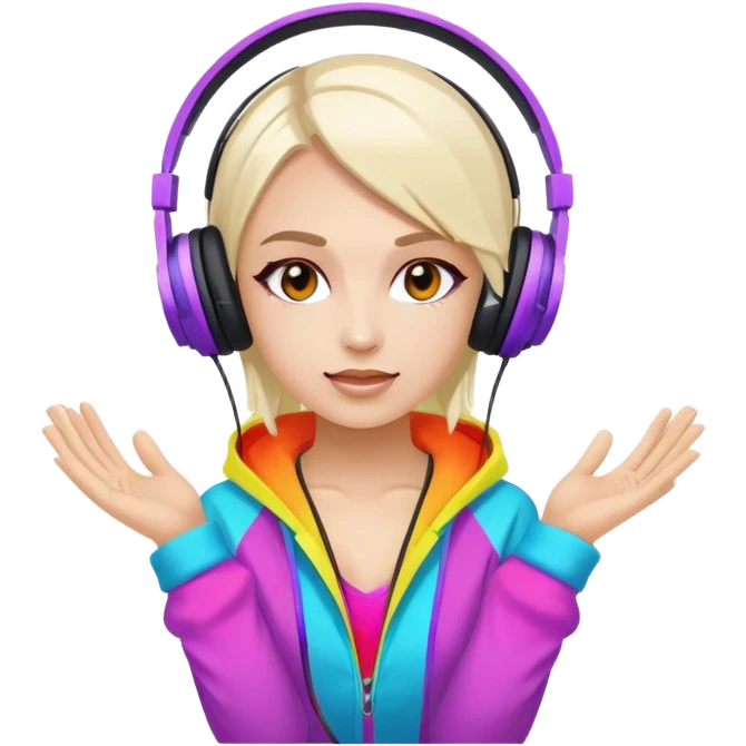 Russian rave artist with headphones and colorful outfit performing emoji