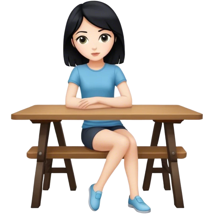 White girl full body sitting at table with black hair looking away emoji