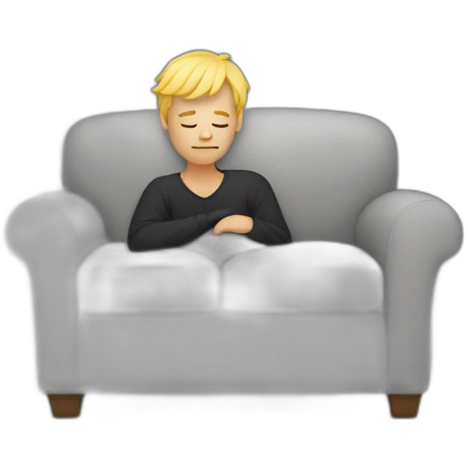 A Man with blond Hair sleeping on a Gray couch with a black blanket emoji