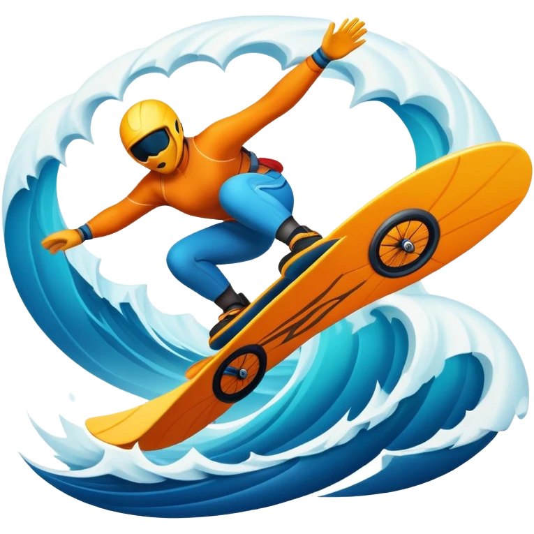 An emblematic symbol featuring a stylized figure in mid-action, representing extreme sports. The design incorporates dynamic lines and bold shapes, with elements like mountains, waves, and flying objects, capturing the thrill and adrenaline of various extreme sports in a single, unified icon. emoji