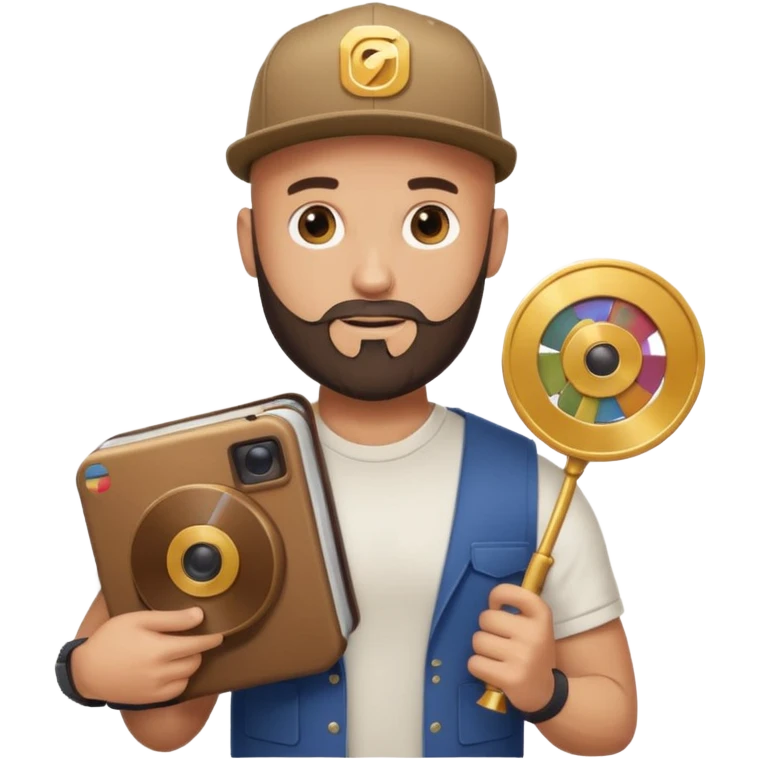 Strong bald man with beard and snapback, giant Instagram reel icon, stack of golden documents, trophy, minimal emoji emoji