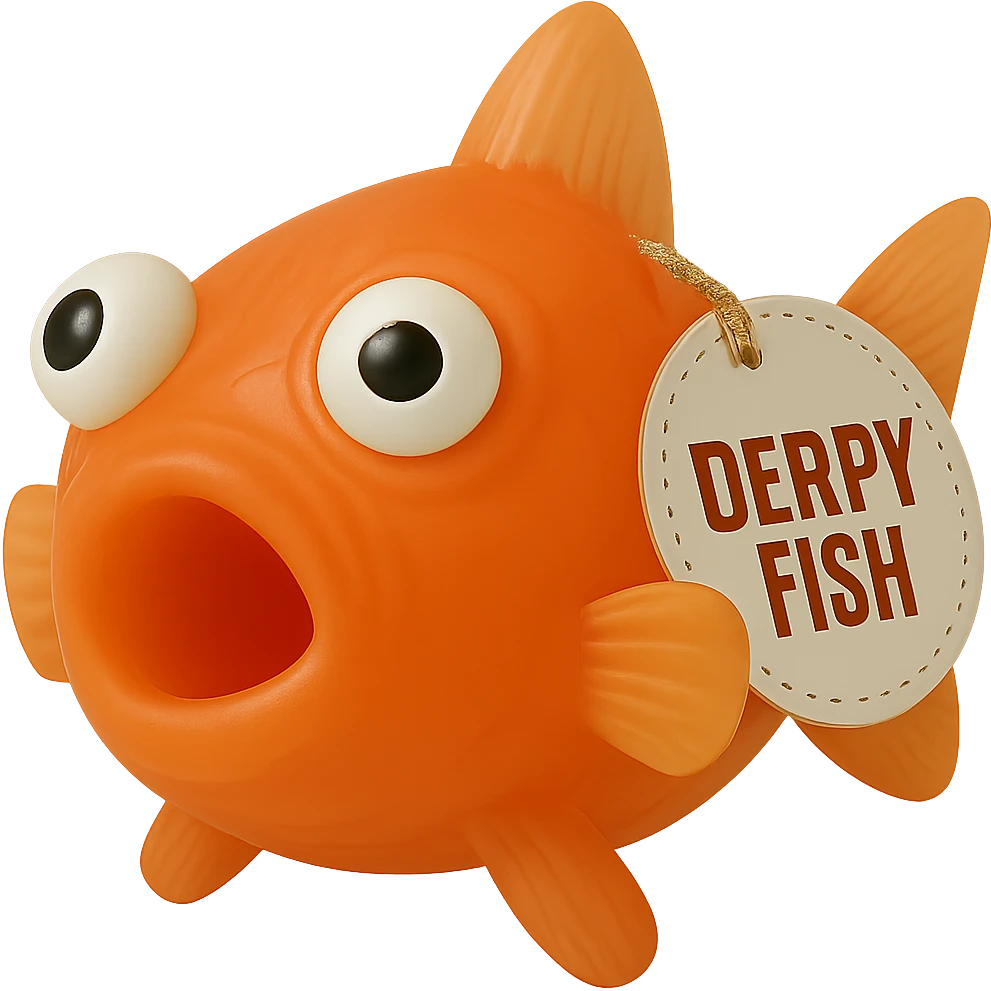 Change the fish's body color to bright orange clownfish color while keeping everything else exactly the same: very transparent, see-through, semi-transparent plastic, derpy eyes, retro 90's toy look, hyper-detailed, soft plastic, soft reflections, soft and squishy, some cloudiness, not shiny, highly detailed, appealing, with the 'DERPY FISH' tag. Remove the background. emoji