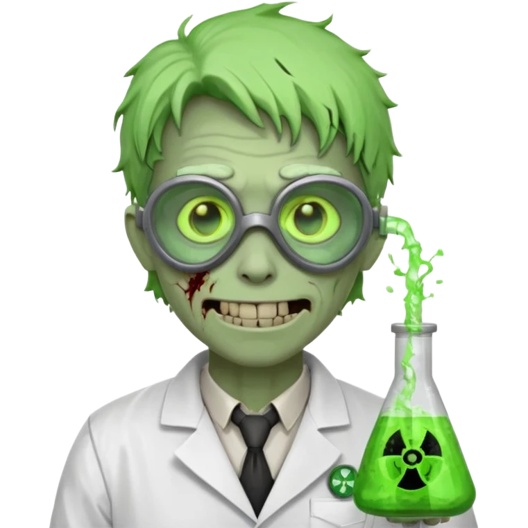 radioactive zombie scientist portrait, head and shoulders only, glowing toxic veins, cracked goggles, lab coat with radiation badge, sinister smile, 3D cartoon, mobile game icon style, clean background, no text, no watermark
 emoji