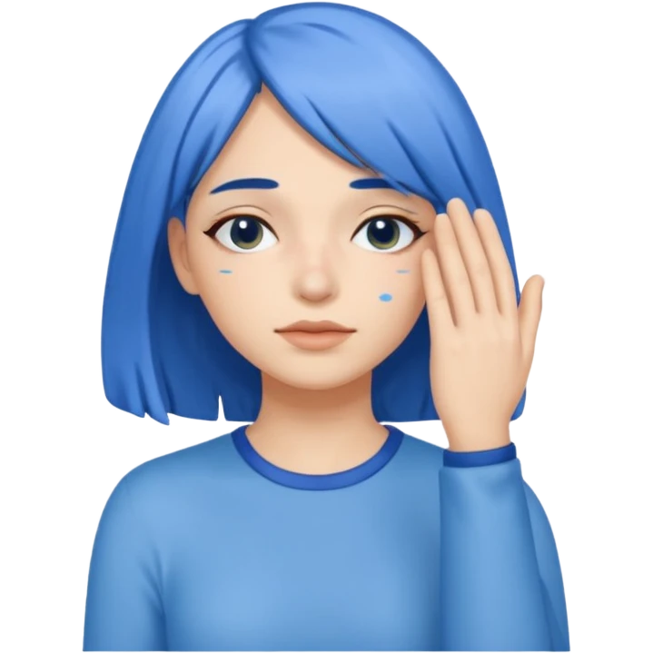 Woman with hand.covering eyes with medium length blue hair emoji