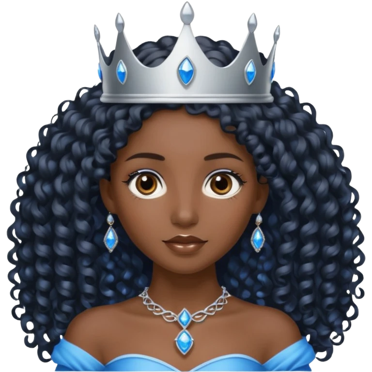Por favor hazme el emoji de la princesa pero morena con el pelo negro y rizado y largo, los ojos marrones y la corona plateada con jollas azules emoji