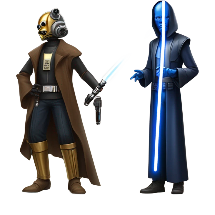 jedi first order human-sized darkblue-pearl friendly bounty hunter c3po droid wearing a leather wild west duster coat holding light saber ready to fight but relaxed. antiqued emoji