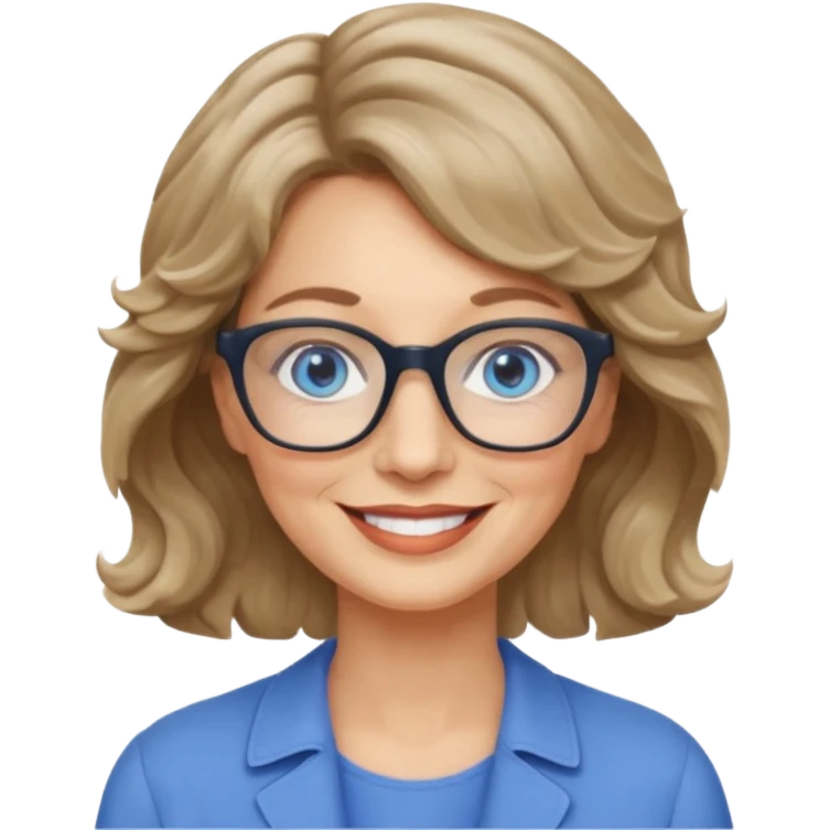 woman 60 short weavy dark blonde haire, rectangle glases, blue eyes emoji