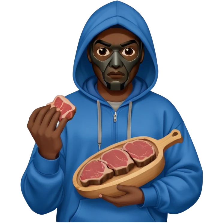 MF DOOM in a blue hoodie holding a piece of meat emoji