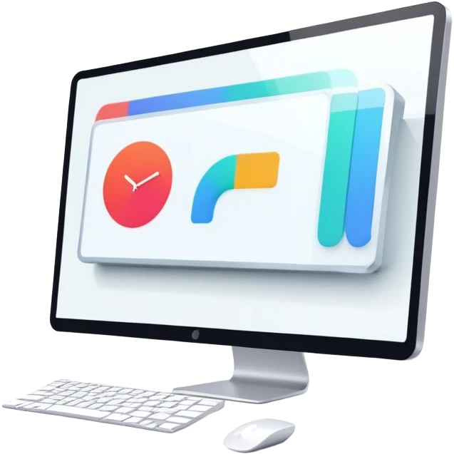 Animation and motion design. Show a computer screen with an animation timeline, moving frames, and a play button. Include motion design elements like flowing lines, curves, or rotating objects. Modern, creative colors. No emojis or smiley faces. Transparent background. emoji