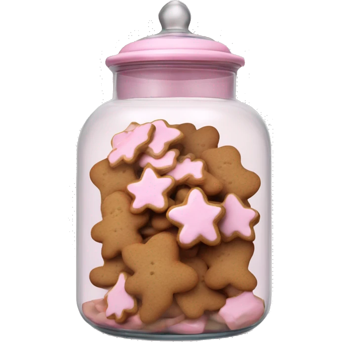 Realistic glass cookie jar with light pink lid full of gingerbread cookies isolated.  emoji
