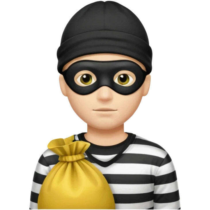 A Robber Emoji, the robber is Male, has a Black Beanie hat, has a shirt with black and white stripes, a black mask thing around his eyes, and a yellowish money bag on his hanging right shoulder, we can only see his upper body from his chest and his face he has NO facemask. emoji