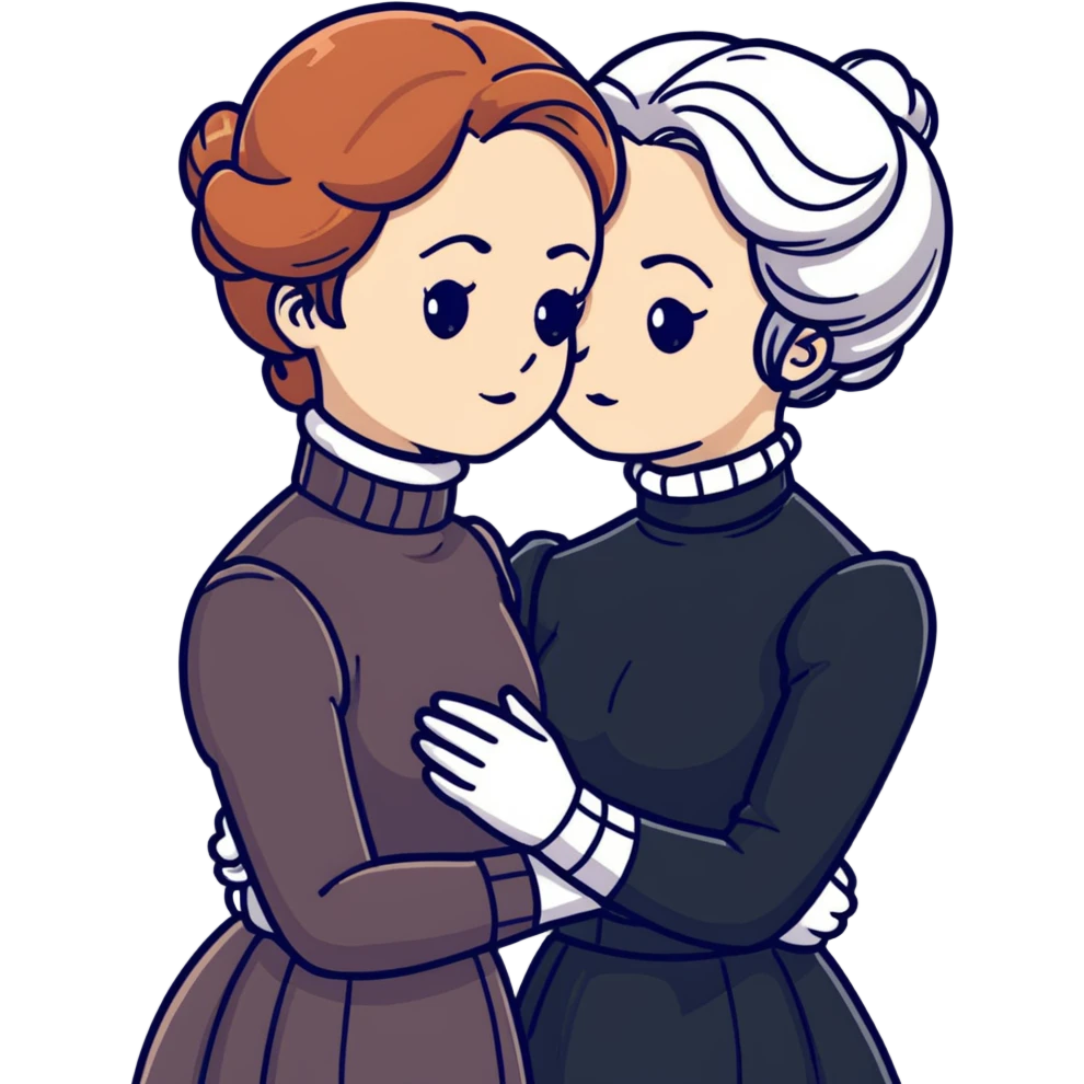 Two Victorian women in a sad intimate hug, one with white coiffed hair and one with copper coiffed hair, both with grey eyes, wearing Victorian turtleneck dresses emoji
