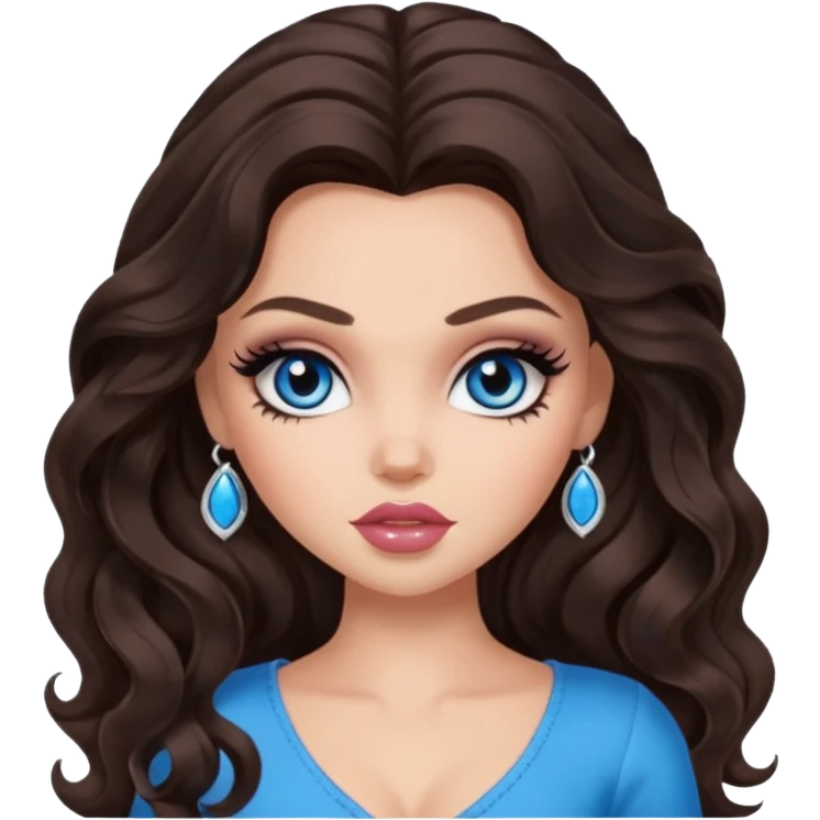 pretty bratz baddie, long dark brown wavy hair, pretty makeup, long lashes, pretty blue eyes emoji