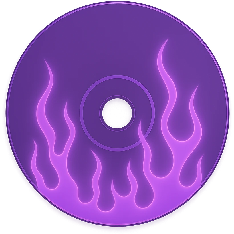 A minimalist CD disc with subtle pink flames, glowing effect, variation 2, color: purple emoji
