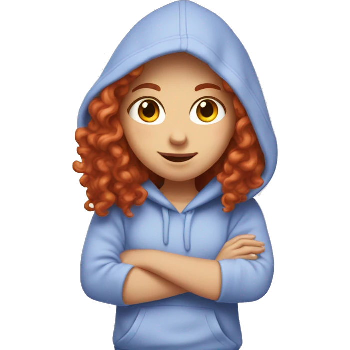 a white girl with long red curly hair, wearing a pastel periwinkle hoodie doing a pose emoji
