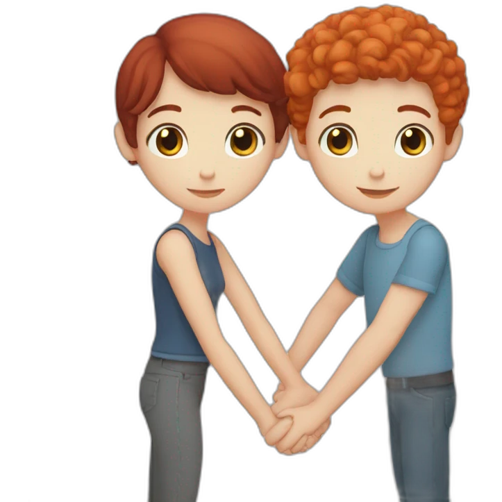Blue eyed brunette short haired boy and red haired girl holding hands emoji