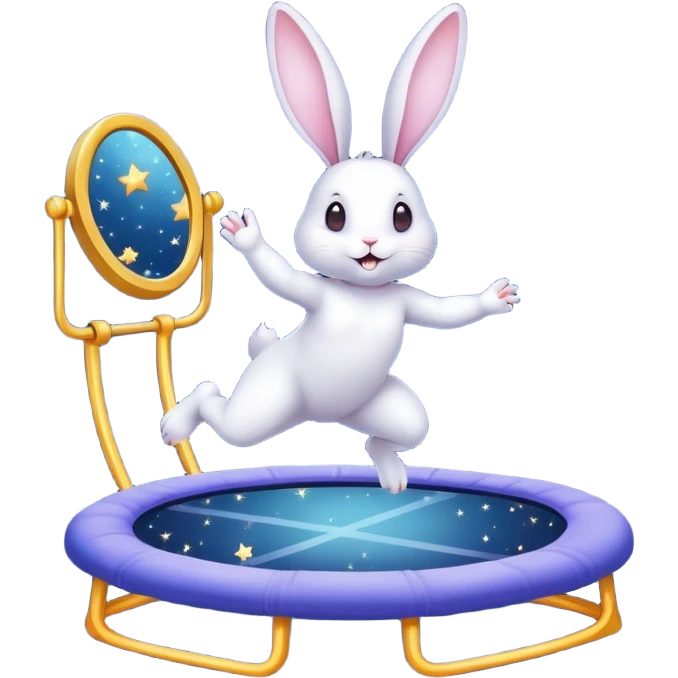 rabbit jumping on trampoline with faeries and starry sky and mirror emoji