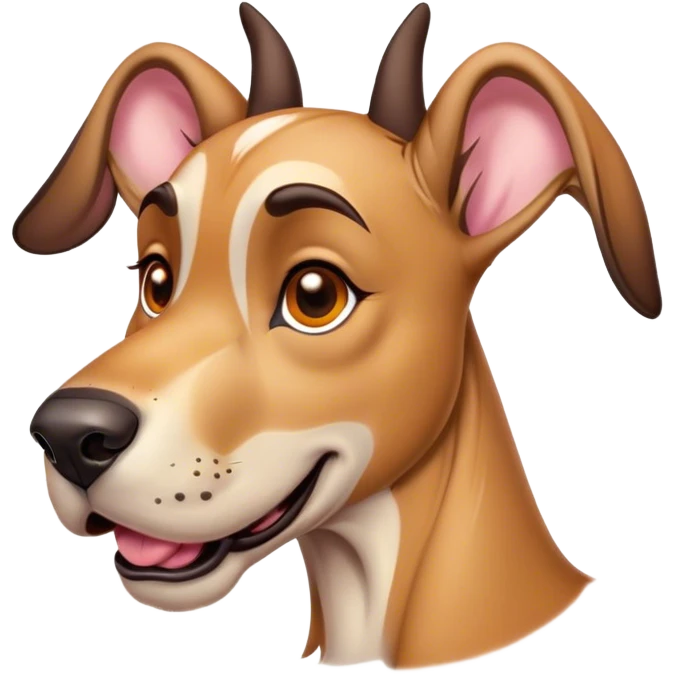 Cinematic Comical Fawn Great Dane Portrait Emoji, Head tilted dramatically with an exaggeratedly amused expression, featuring a sleek fawn Fur, wide, expressive amber eyes filled with playful disbelief, Simplified yet hilariously expressive features, highly detailed, glowing with a slightly sassy glow, high shine, dramatic yet playful, stylized with an air of cheeky mischief, bright and endearing, soft glowing outline, capturing the essence of a spirited and over-the-top guardian, so meme-worthy it feels like it could side-eye its way into internet fame instantly! emoji