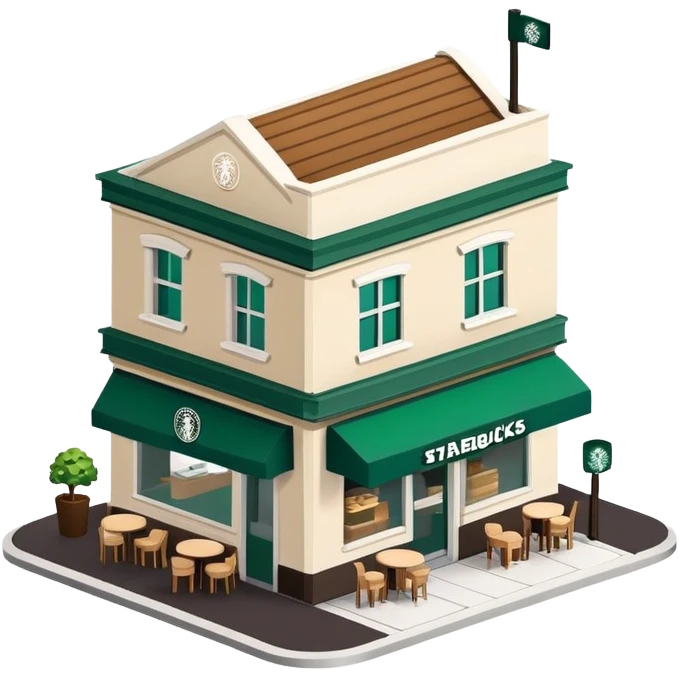 Starbucks exterior, isometric dollhouse-style, realistic emoji