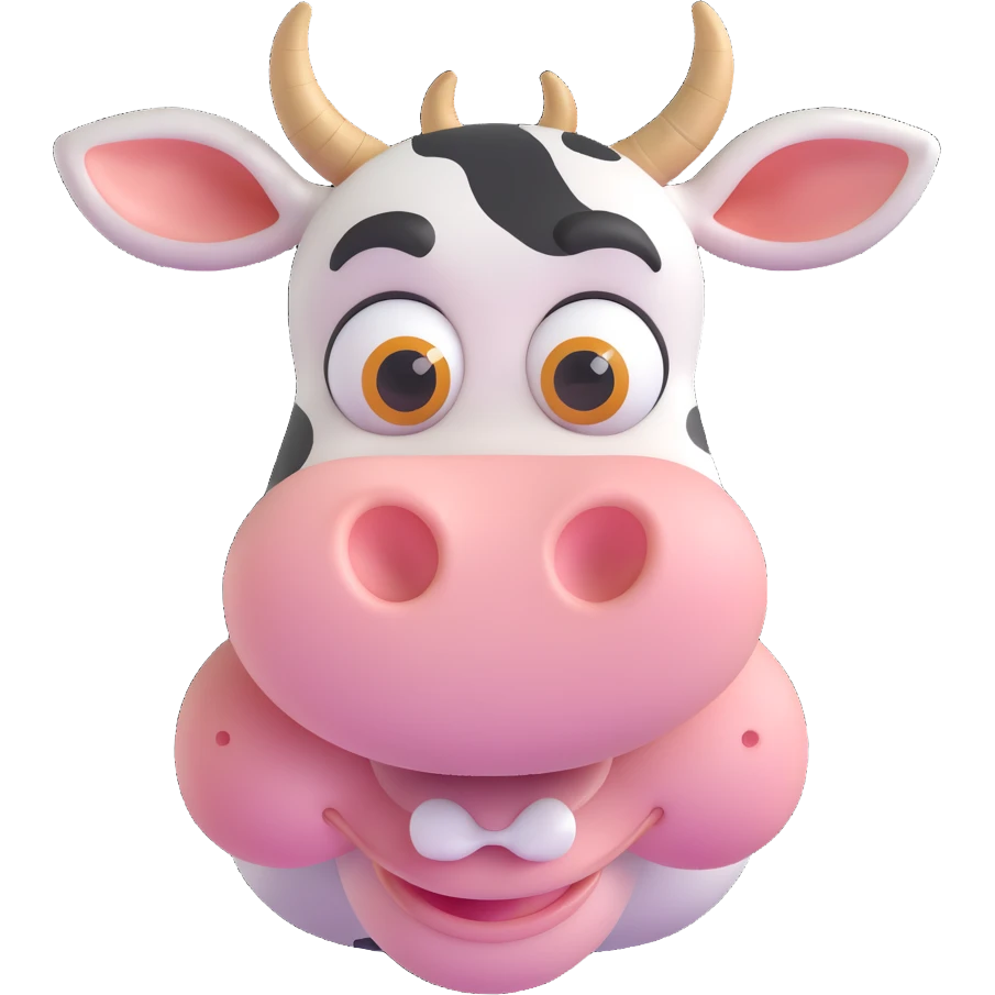 cute evil cow, big eyes, mischievous smile, small horns, playful but sinister vibe emoji