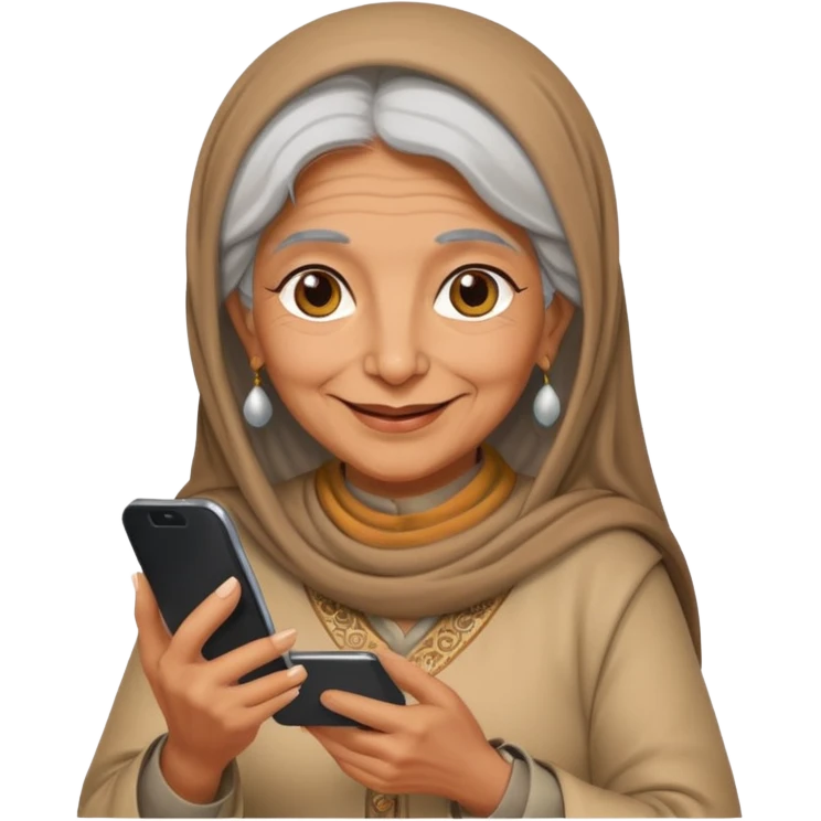 persian old woman with smartphone, half body emoji